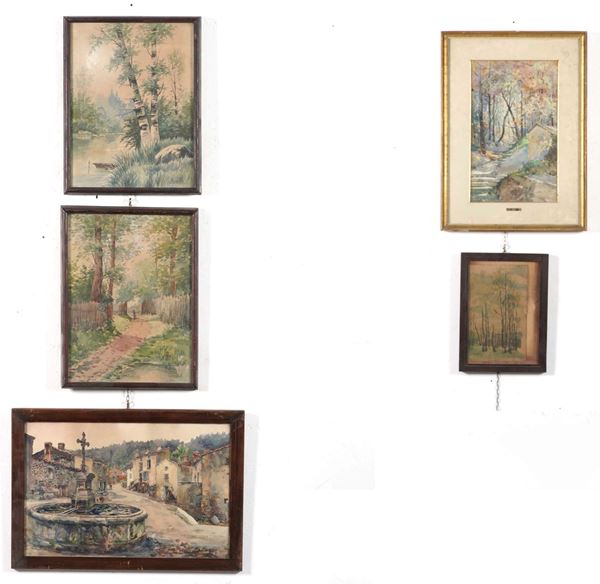 Lotto di 5 acquerelli. XIX-XX secolo