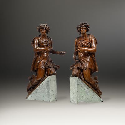 Coppia di Angeli Reggicortina. Arte Barocca Italiana (roma?), XVII Secolo