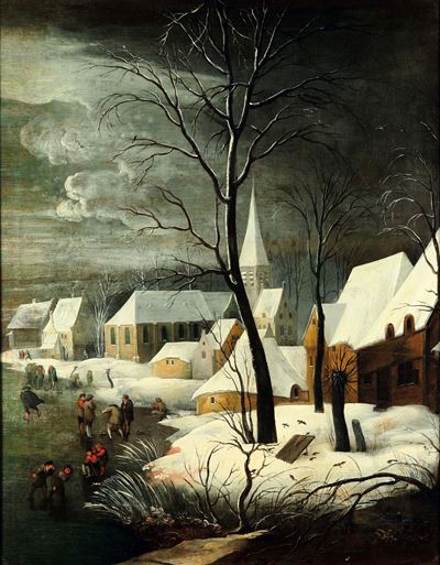 Paesaggio invernale con pattinatori, olio su tela