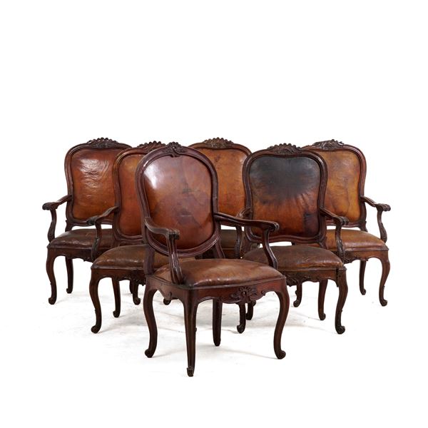 Lotto di sei poltrone di cui una diversa, XVIII secolo