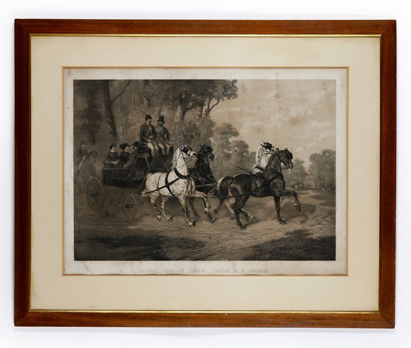 Incisore del XIX secolo Rendez vous de chasse...break a 4 chevaux  - Asta Antiquariato - Cambi Casa d'Aste