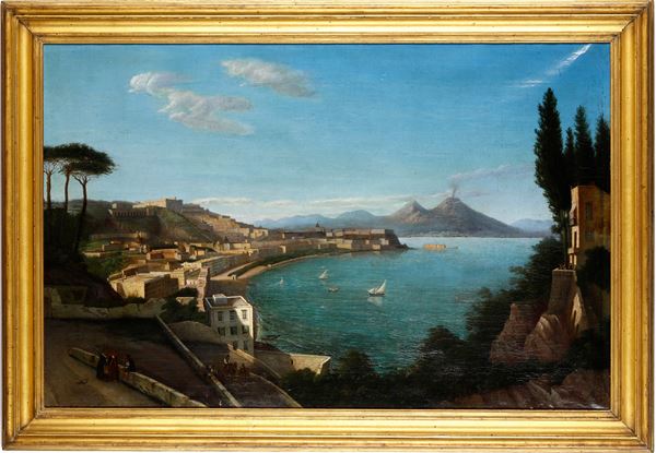 Scuola del XIX secolo Veduta del Golfo di Napoli con Vesuvio
