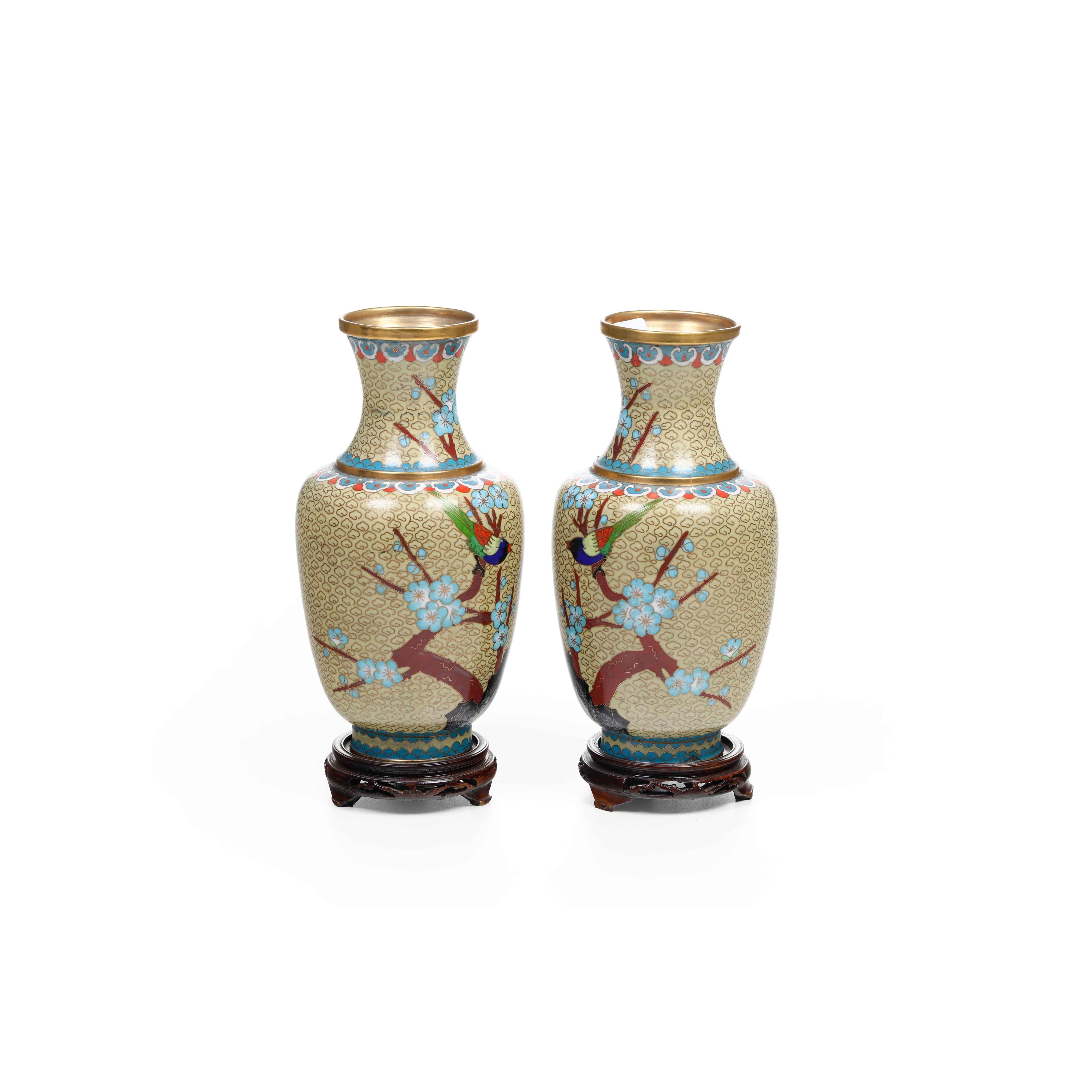 Cina, Coppia di vasi a smalti policromi cloisonné rappresentante una scena paesaggistica, XX seco...