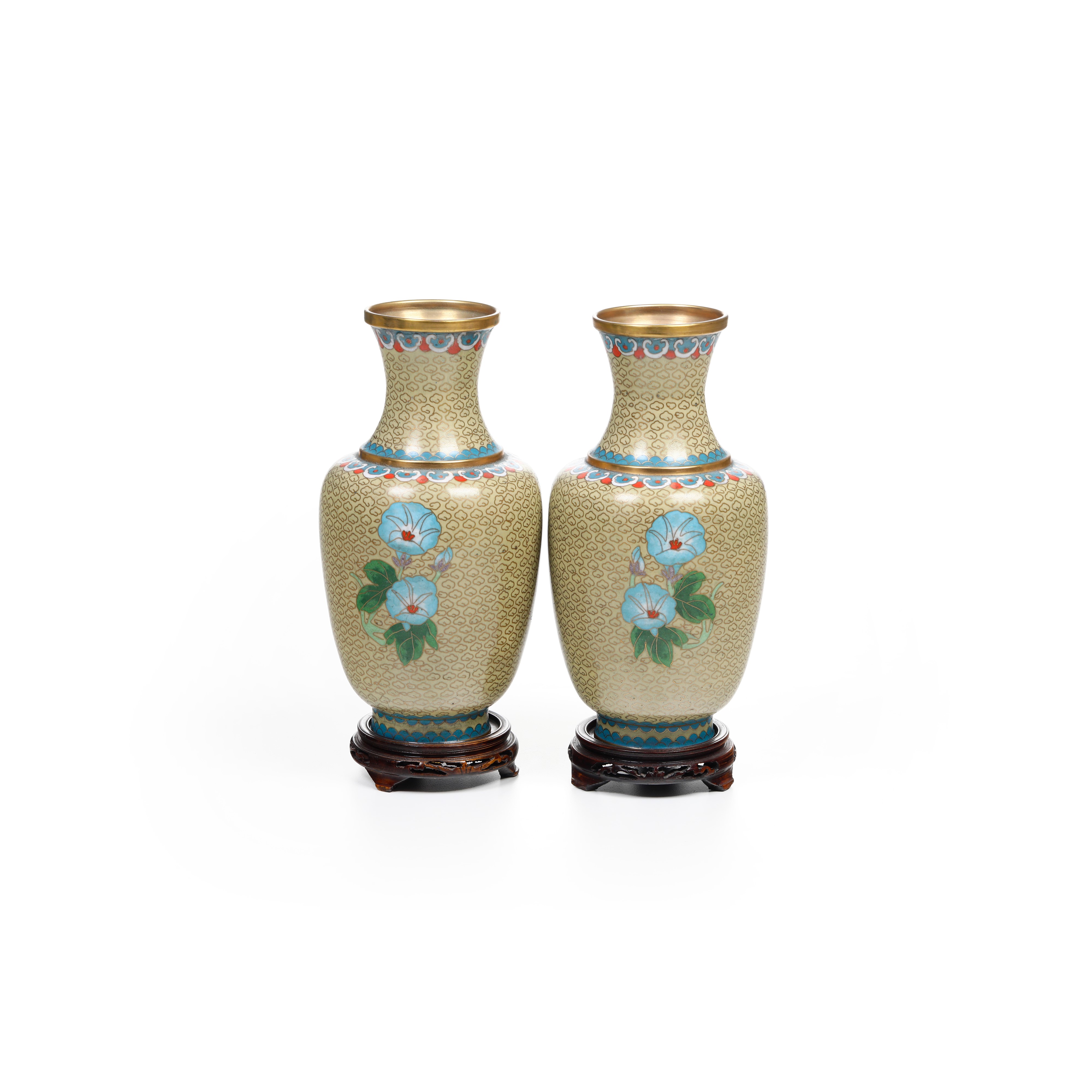 Cina, Coppia di vasi a smalti policromi cloisonné rappresentante una scena paesaggistica, XX seco...