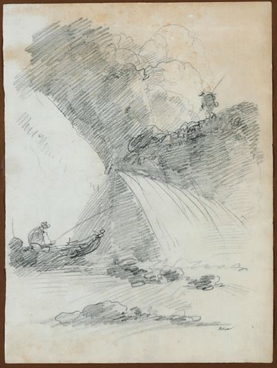 Paesaggio con cascata e pescatori, matita nera su carta