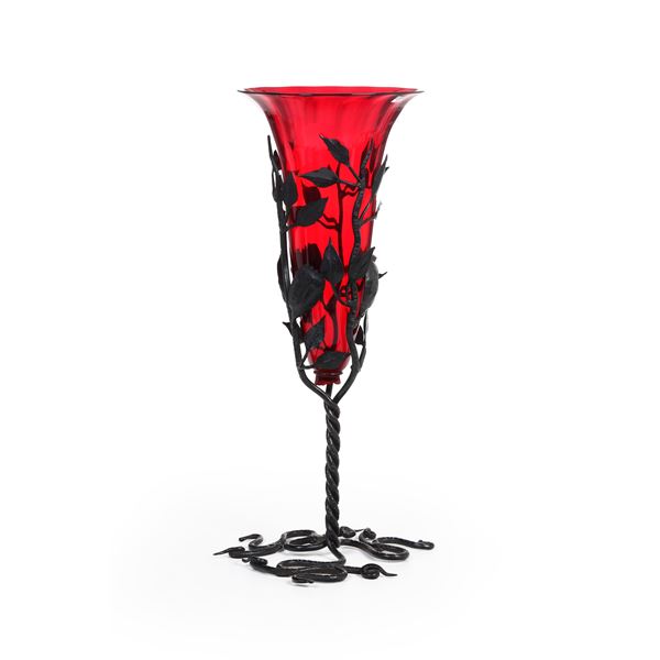 Grande vaso in ferro battuto e vetro rosso rubino. Epoca Liberty