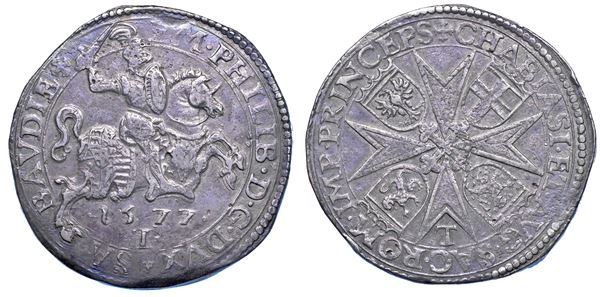 DUCATO DI SAVOIA. EMANUELE FILIBERTO Testa di ferro,  1538-1580. II Periodo Duca, 1559-1580. Tallero 1577. IV tipo. Torino.