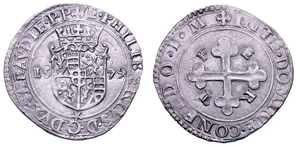 DUCATO DI SAVOIA. EMANUELE FILIBERTO Testa di ferro,  1538-1580. II Periodo Duca, 1559-1580. Bianco o 4 soldi 1579. II tipo.