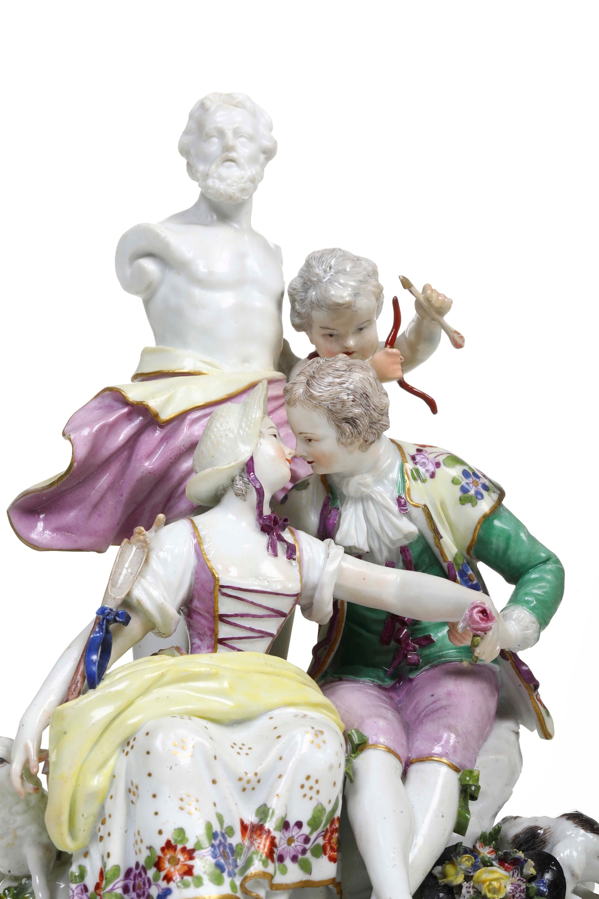 Meissen, Gruppo galante con Cupido e pastori, porcellana policroma