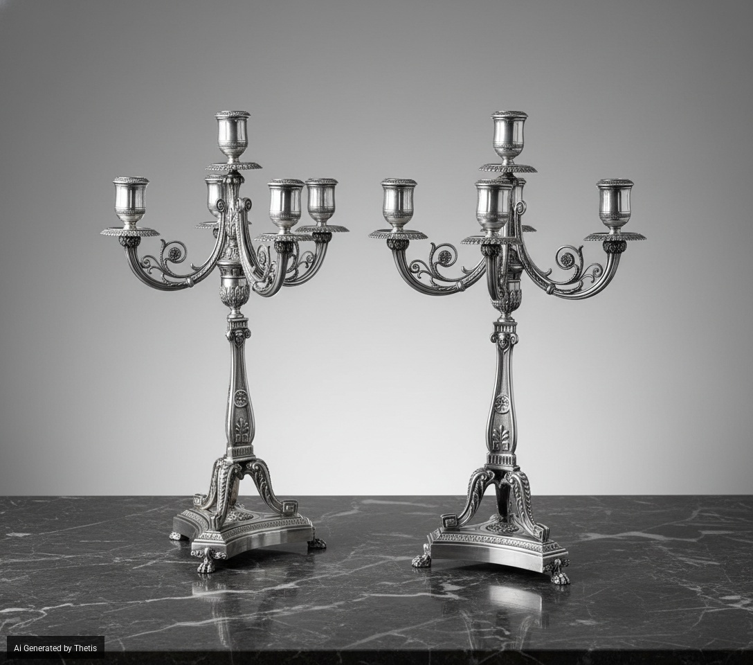 Coppia di Candelabri. Argenteria Milanese del XX Secolo, Bollo con Fascio Littorio in Uso dal 193...