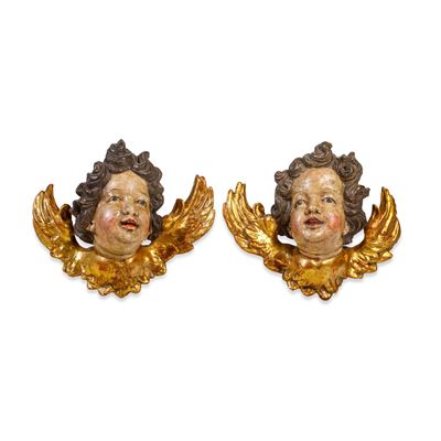 Italia, XVIII secolo, Coppia di cherubini, legno dipinto e dorato