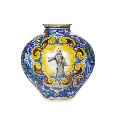Bottega di Mastro Domenego, Vaso globulare, maiolica policroma a gran fuoco (Venezia, seconda met...