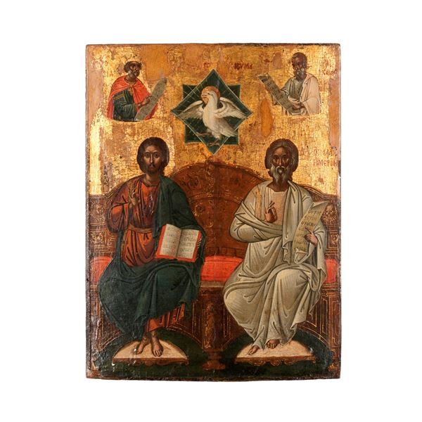 Icona ad olio su tavola raffigurante la Trinità. Russia, XVIII-XIX secolo