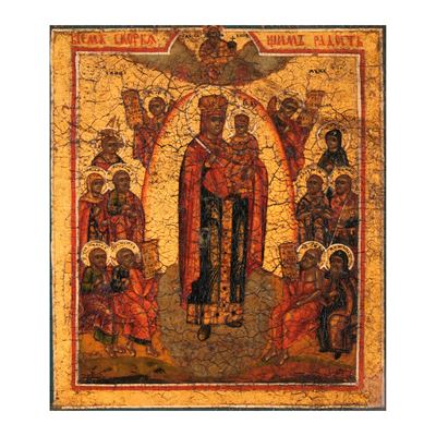 Russia, XIX secolo, Icona a olio su tavola con Madonna con Bambino e Santi