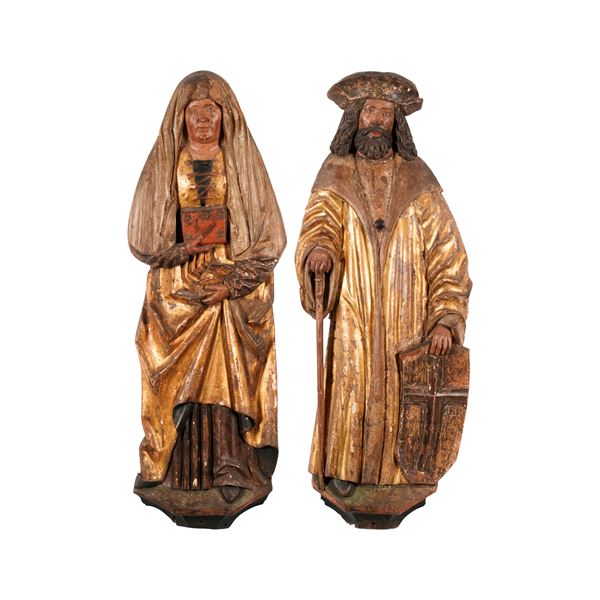Due rilievi con figure di Santo e Santa. Scultore d'Oltralpe del XVI-XVII secolo