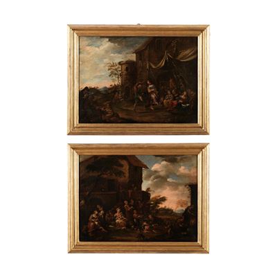 Scuola piemontese del XVIII secolo, Scene di genere con festa contadina, olio su tela
