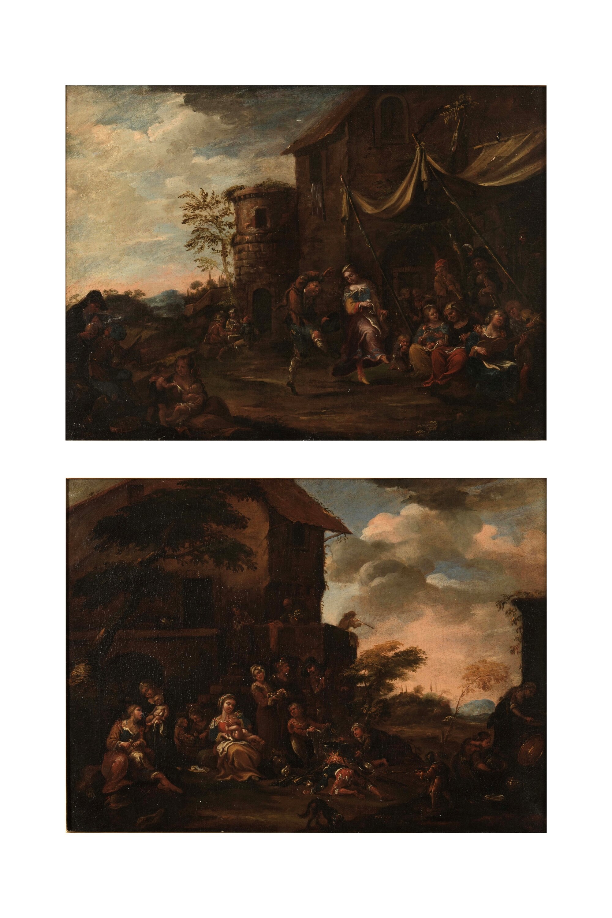 Scuola piemontese del XVIII secolo, Scene di genere con festa contadina, olio su tela