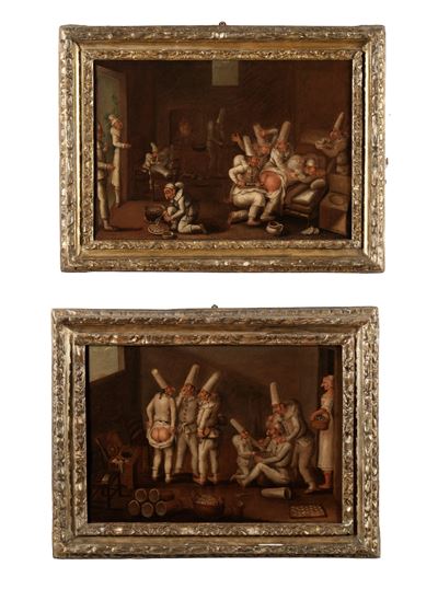 Scuola del XVIII secolo, Scene goliardiche con Pulcinella, olio su tela