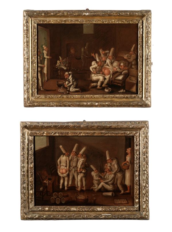 Scuola del XVIII secolo Scene goliardiche con Pulcinella