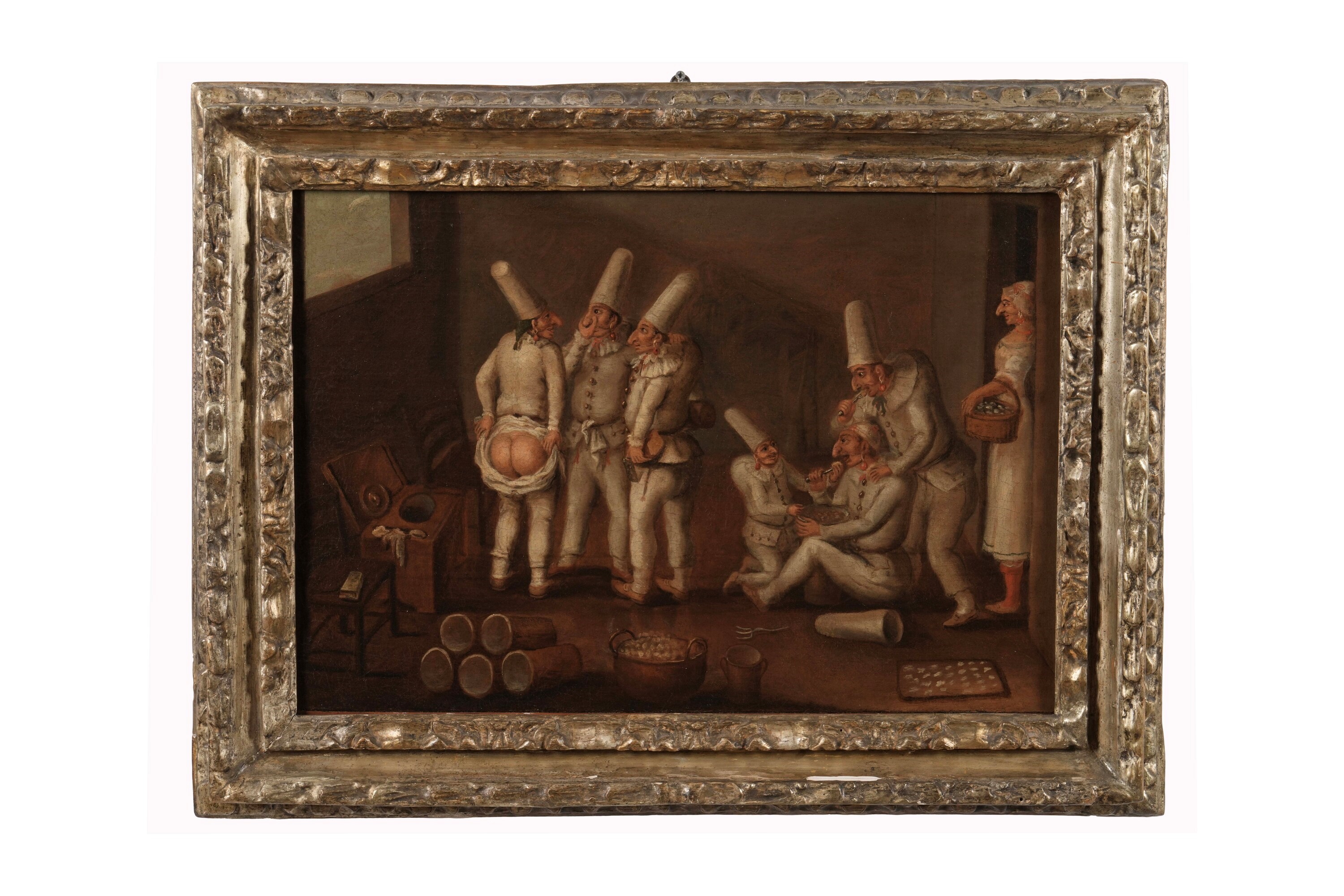 Scuola del XVIII secolo, Scene goliardiche con Pulcinella, olio su tela