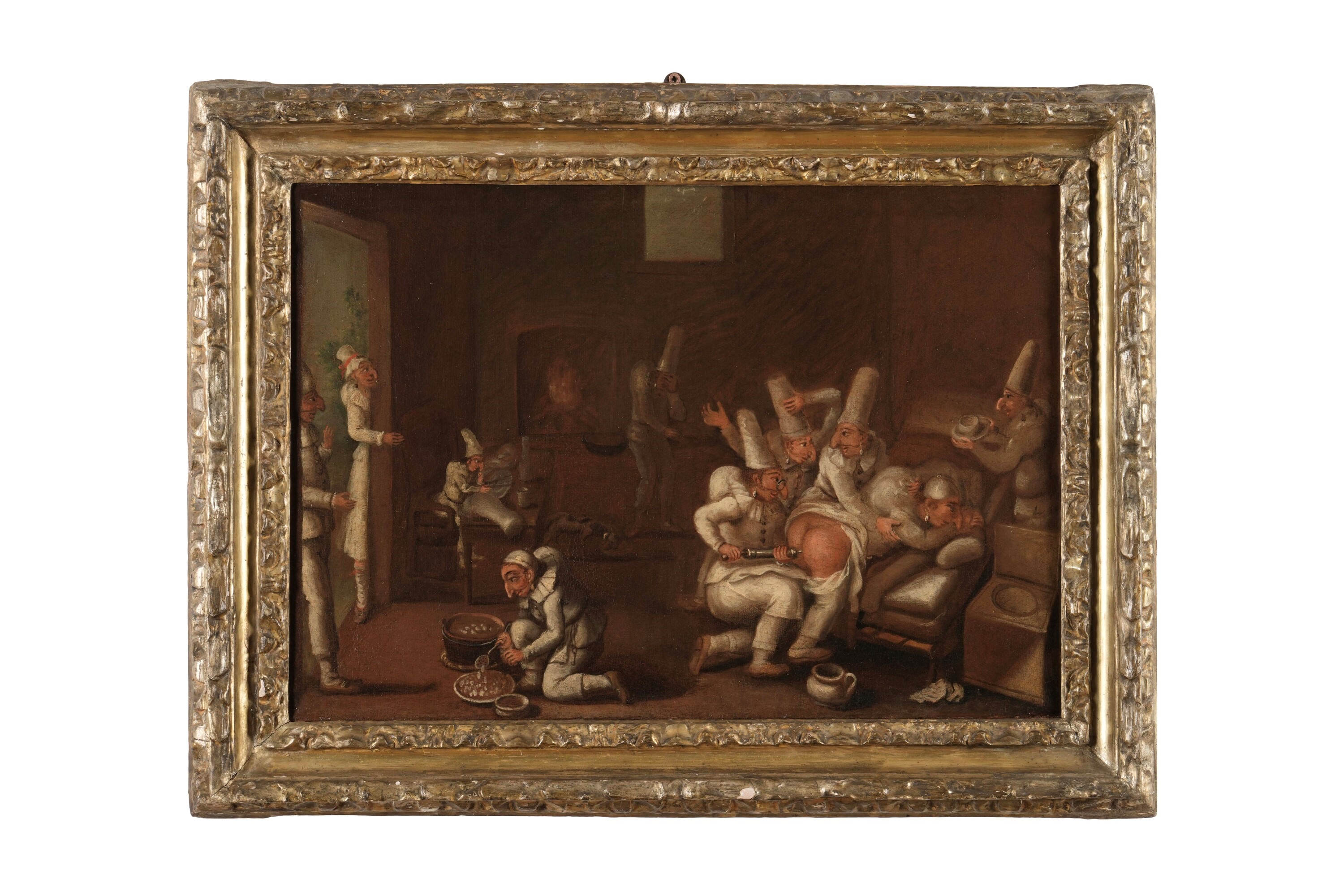 Scuola del XVIII secolo, Scene goliardiche con Pulcinella, olio su tela