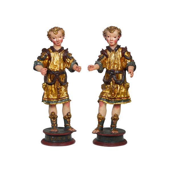 Rara coppia di angeli. Romano Alberti, detto "Nero" Alberti da Sansepolcro o Maestro di Magione (1502-1568). Italia centrale, XVI secolo