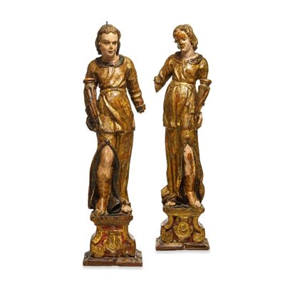 Arte tardo rinascimentale, Due angeli reggitorcia (Italia del nord), XVI secolo, legno dipinto e ...