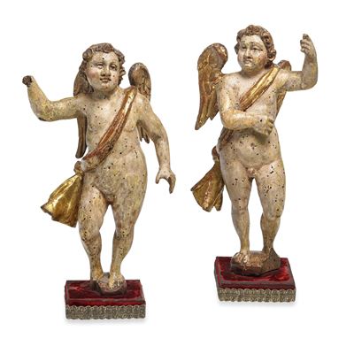 Coppia di putti, scultura in legno dipinto e dorato (arte barocca italiana, XVII–XVIII secolo)