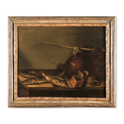 Scuola del XVIII secolo, Natura morta con pesci e vasellame, olio su tela