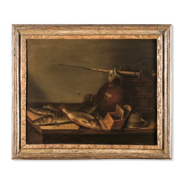 Scuola del XVIII secolo Natura morta con pesci e vasellame