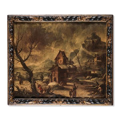 Scuola del XVII secolo, Paesaggio invernale con contadini, olio su tela
