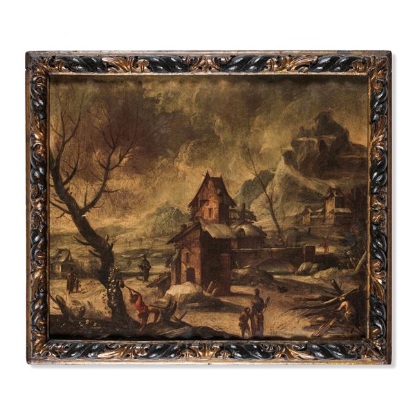 Scuola del XVII secolo Paesaggio invernale con contadini