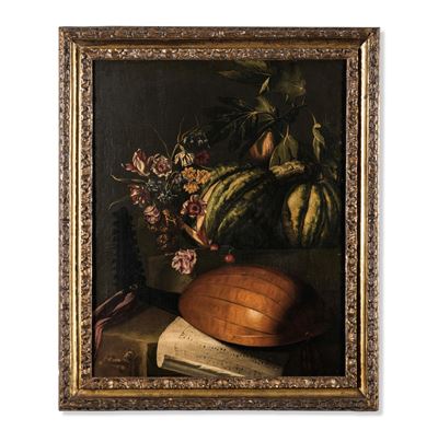 Scuola del XVIII secolo, Natura morta con zucca, fiori, liuto e spartito, olio su tela
