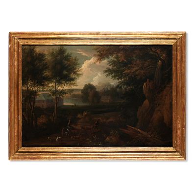 Scuola del XVIII secolo, Paesaggio con contadini e armenti, olio su tela