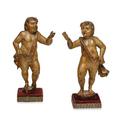 Coppia di putti barocchi, scultura in legno dipinto (XVII secolo)