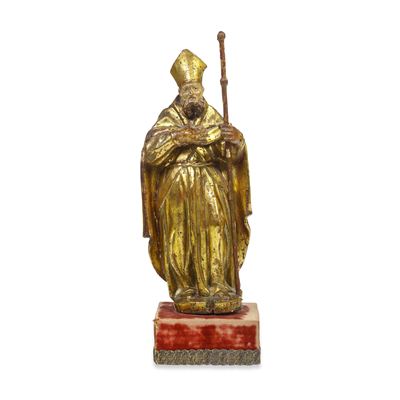 Santo Vescovo, scultura devozionale in legno dipinto e dorato (arte italiana, XVII-XVIII secolo)