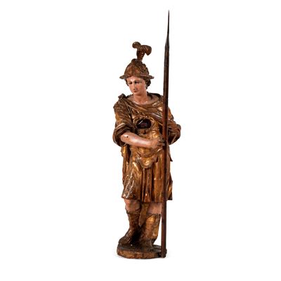 Scultura reliquiario, Santo guerriero, legno dipinto e dorato, arte barocca italiana del XVII sec...