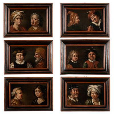 Scuola del XVIII secolo, Ritratti grotteschi, olio su tavoletta