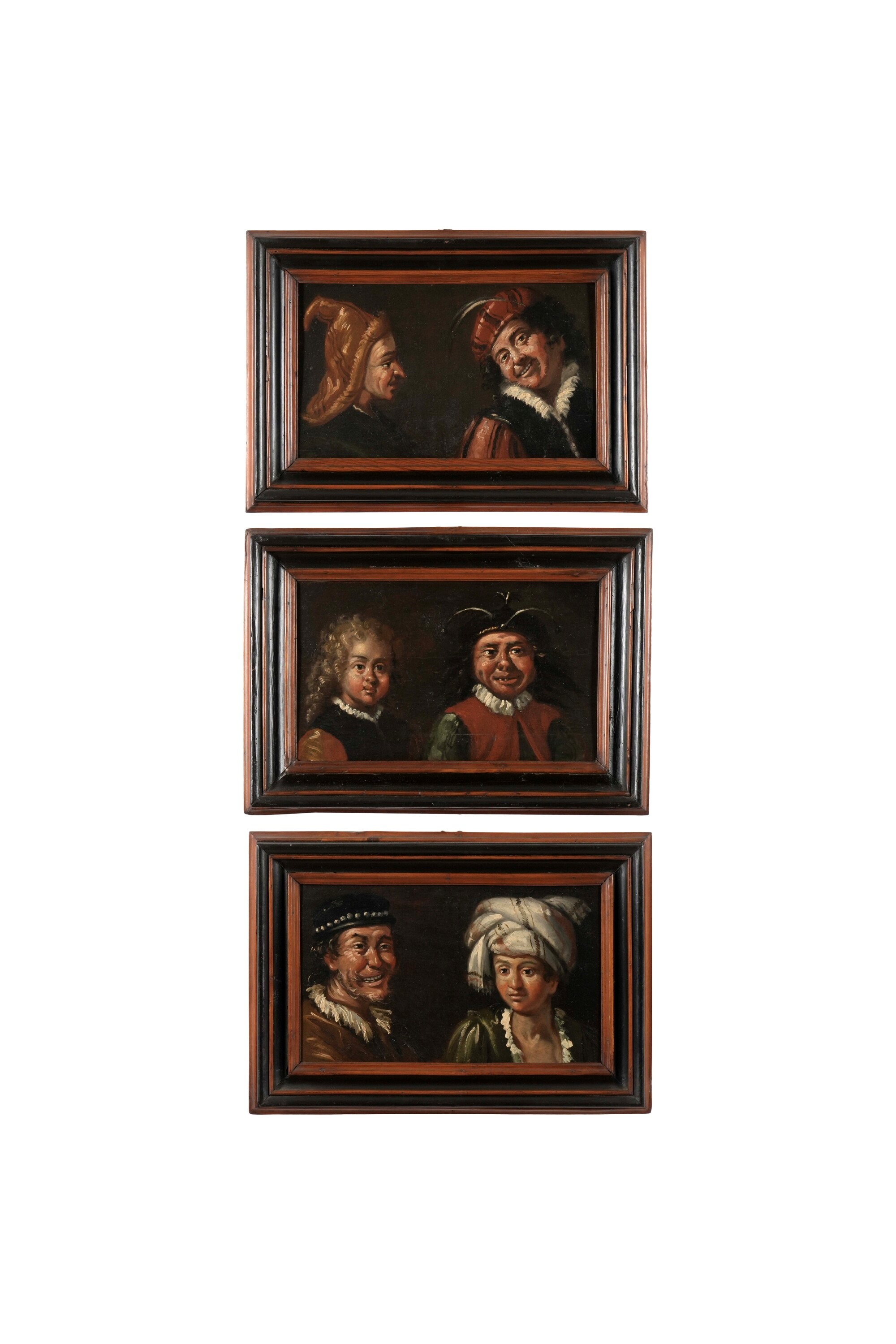 Scuola del XVIII secolo, Ritratti grotteschi (serie di sei dipinti), olio su tavoletta