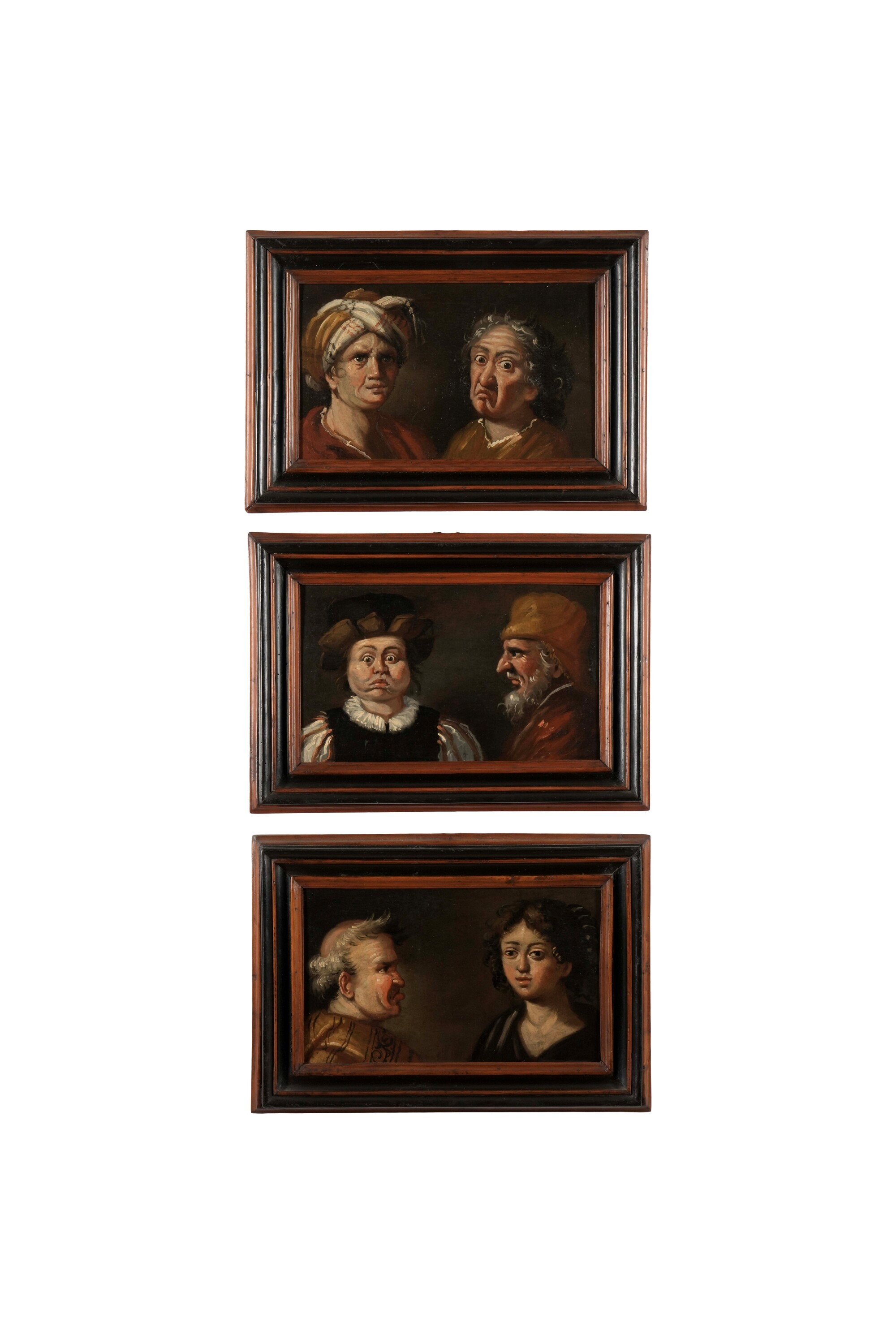 Scuola del XVIII secolo, Ritratti grotteschi (serie di sei dipinti), olio su tavoletta