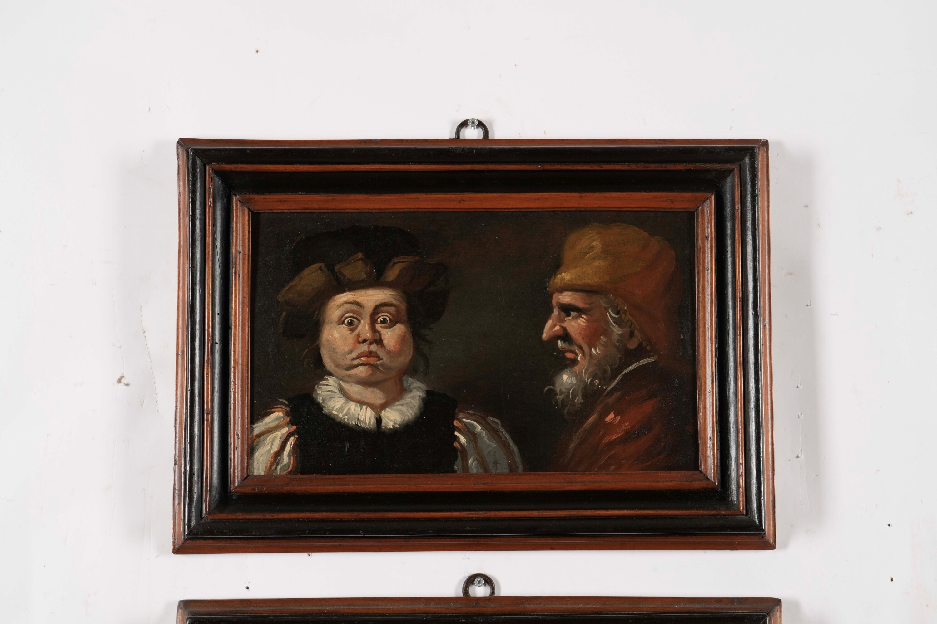 Scuola del XVIII secolo, Ritratti grotteschi (serie di sei dipinti), olio su tavoletta