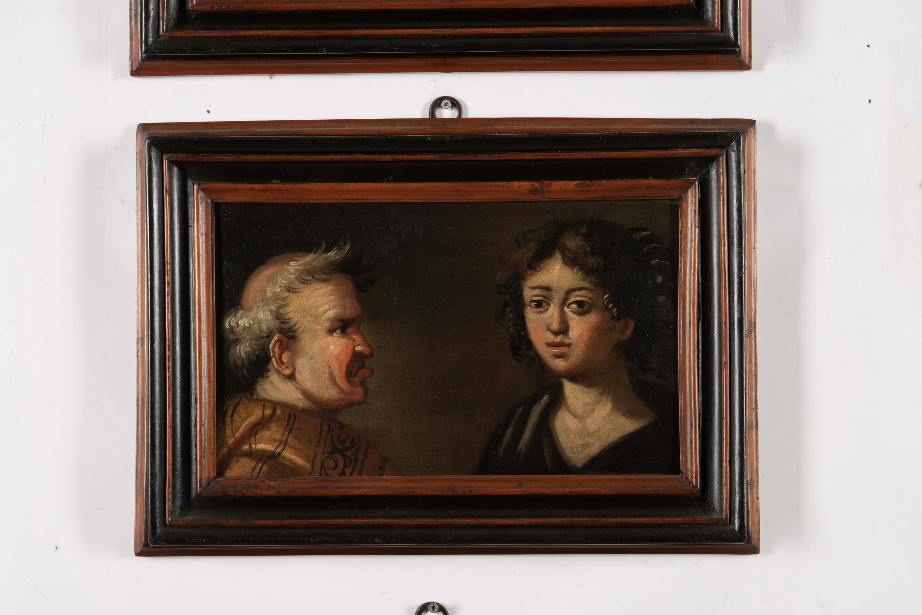 Scuola del XVIII secolo, Ritratti grotteschi (serie di sei dipinti), olio su tavoletta