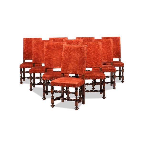 Gruppo di dieci sedie in stile seicentesco