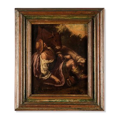 Pastore addormentato con armenti, olio su tela
