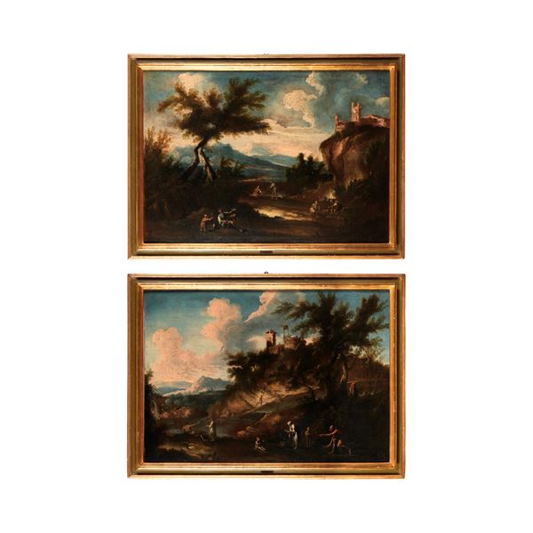 Scuola del XVIII secolo Paesaggi fluviali con pastori e contadini