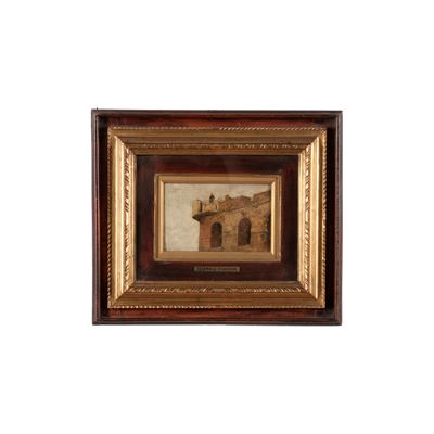 Anonimo del XIX-XX secolo, Fortezza con figura, olio su tavola