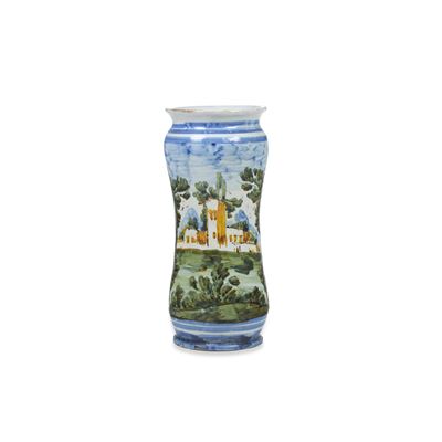 Albarello, maiolica dipinta a paesaggi in policromia, Campania (prob. Cerreto Sannita), fine XVII...