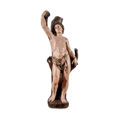Scultore spagnolo del XVI secolo prossimo a Juan de Anchieta, San Sebastiano, legno dipinto e dor...