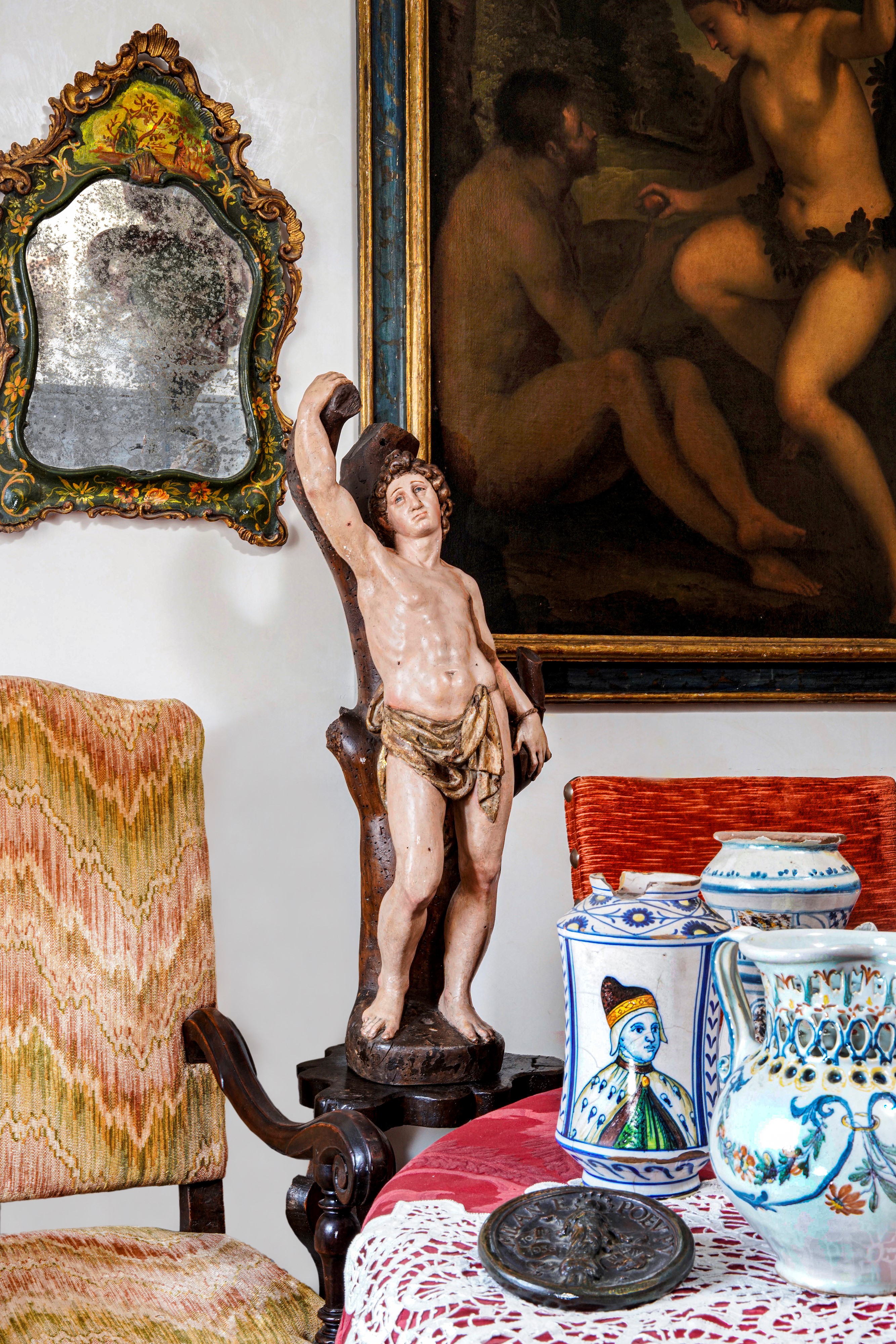 Scultore spagnolo del XVI secolo prossimo a Juan de Anchieta, San Sebastiano, legno dipinto e dor...