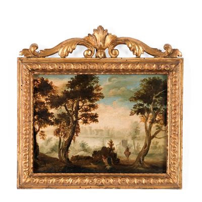 Scuola del XVIII secolo, Paesaggio fluviale con cavaliere, olio su tavoletta